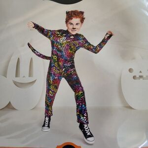 Kids Halloween Costume Wild Cat Rainbow Foil Leopard  Jumpsuit Small 6-7 Years